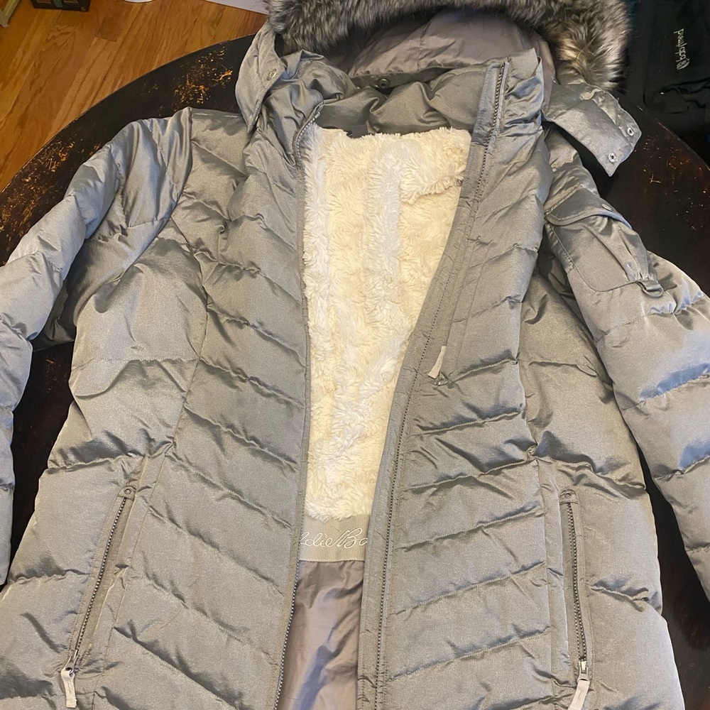 Eddie Bauer Women's Silver Puffer Jacket with Faux Fur Hood